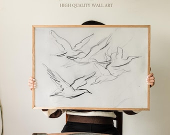 Migrating Birds in Flight Art Print, Loose Charcoal Sketch and Gestural Line Drawing, Minimalist Nature Decor for Bedroom Wall Art