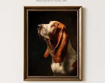 Basset hound-väggkonsttryck, själsfullt långörat husdjursporträttmålning, realistisk hundälskare-dekor för vardagsrum, kontor eller entré