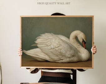 Graceful White Swan Wall Art, Romantic Vintage Bird Painting Print, Classical Nature Decor for Living Room, Hallway, Bedroom or Guest Room