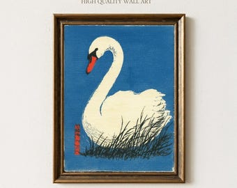 Impressão artística de cisne, pôster vintage de pássaro japonês azul, decoração de parede minimalista de animais para amantes da natureza, parede de berçário ou galeria, presente para observadores de pássaros