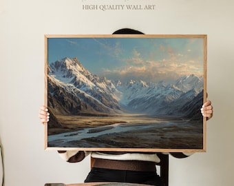 Aoraki Mount Cook Print, New Zealand Alps & Golden Sunrise Glacier Valley, Antique South Island Painting, Hiker Gift Bedroom Wall Art Decor