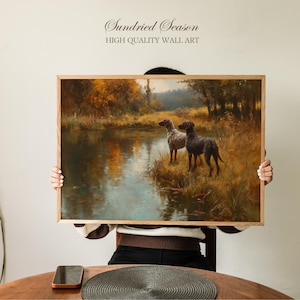 Stampa artistica di cani da caccia vintage, due cani da caccia in un campo dorato vicino all'acqua, decorazione da parete con caldo bosco autunnale per casa o ufficio ispirato all'esterno.