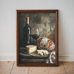 Rustic Wine and Cheese Poster, French Countryside Kitchen Wall Art, Still Life Food Print, Red Wine & Bread Decor, Cozy Dining Aesthetic