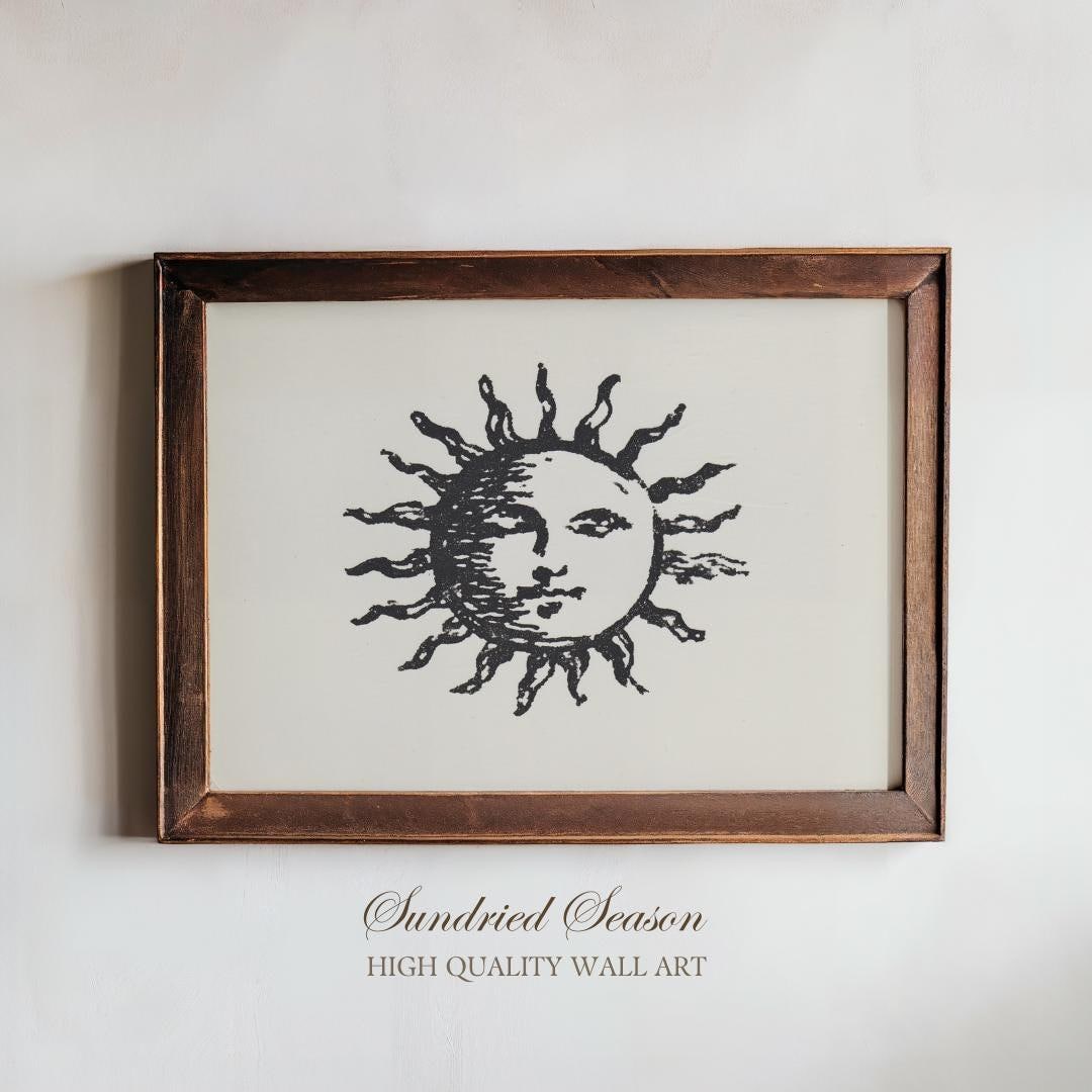 Antique Sun Symbol Print, Hand-drawn Radiant Sun Face Illustration ...
