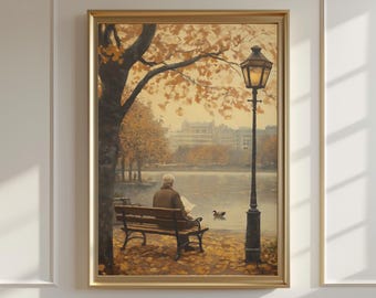 Boston Common Autumn Poster, Tranquil Park Scene Wall Art, Man Reading by the Lake, Fall in Boston Print, New England Decor