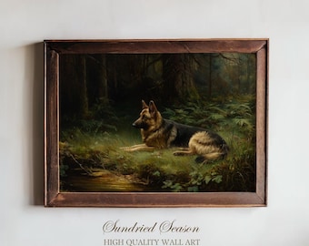 German Shepherd Wall Art Print, Black Forest Germany and Bavarian Woodland Stream, Wildlife Painting, Rustic Dog Portrait for Living Room