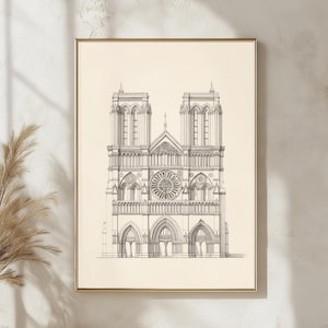 Notre Dame Cathedral Sketch Print, Paris Architecture Drawing, Gothic Landmark Illustration, Vintage French Wall Art for Home & Office