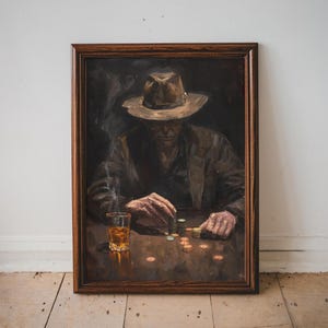 Vintage Poker Spieler Western Kunstdruck, Alte West Spieler Malerei, Klassisches Kasino Wandkunst, Cowboy Poker Nacht, Dunkles, launisches Glücksspiel Dekor