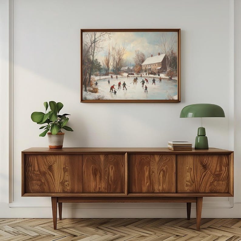 Vintage Winter Ice Skating Art, Nostalgic Holiday Art Print, Snowy Pond Hockey Painting, Cozy Christmas Wall Decor, Rustic Country Artwork image 4