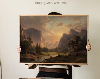 May include: A framed landscape painting featuring a mountain valley scene with a river, trees, and a sunset. The artwork is in a wooden frame. The text "Sundried Season" and "HIGH QUALITY WALL ART" is at the top.