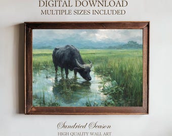Vietnam Water Buffalo Digital Download Print, Rice Field Painting, Printable Southeast Asian Farm Wall Art for Rustic Living Room or Office