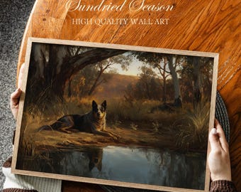 Australian Cattle Dog Wall Art Print, Queensland Bushland & Outback Eucalyptus Woodland, Wildlife Painting, Rustic Farmhouse Living Room