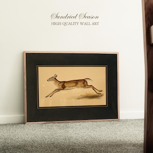 May include: Framed wall art with a running deer illustration. The artwork is set against a tan background within a black mat and a light brown wooden frame. The text "Sundried Season HIGH QUALITY WALL ART" is above the framed art.