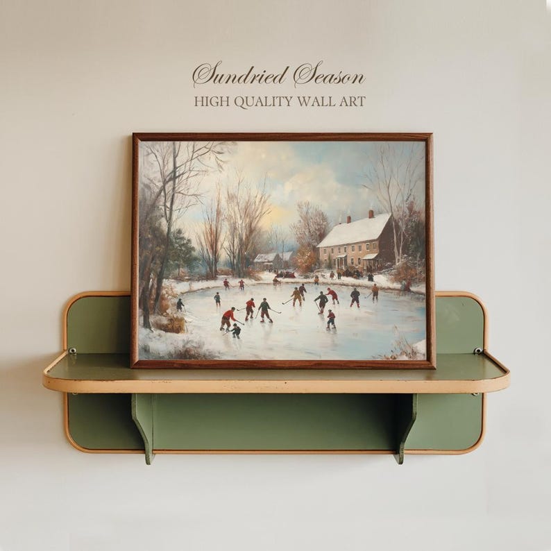 Vintage Winter Ice Skating Art, Nostalgic Holiday Art Print, Snowy Pond Hockey Painting, Cozy Christmas Wall Decor, Rustic Country Artwork image 7