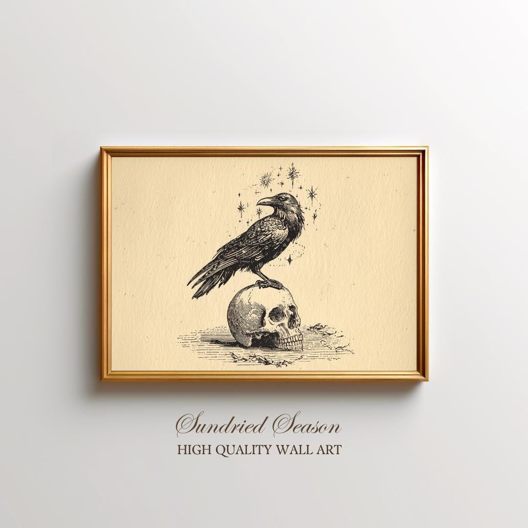 Raven on Skull Vintage Engraving Art Print, Gothic Occult Symbol