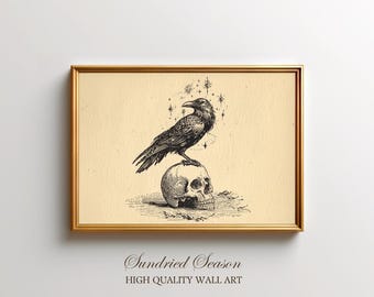 Raven on Skull Vintage Engraving Art Print, Gothic Occult Symbol