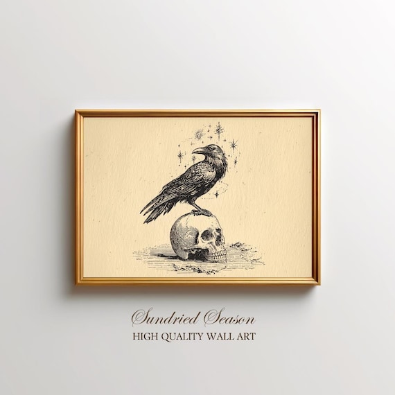 Raven on Skull Vintage Engraving Art Print, Gothic Occult Symbol