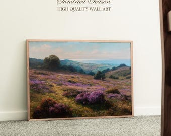 Quantock Hills Wall Art Print, Somerset Heather Moorland & Bristol Channel Sea View, Vintage Landscape Painting, Cottagecore Bedroom Decor