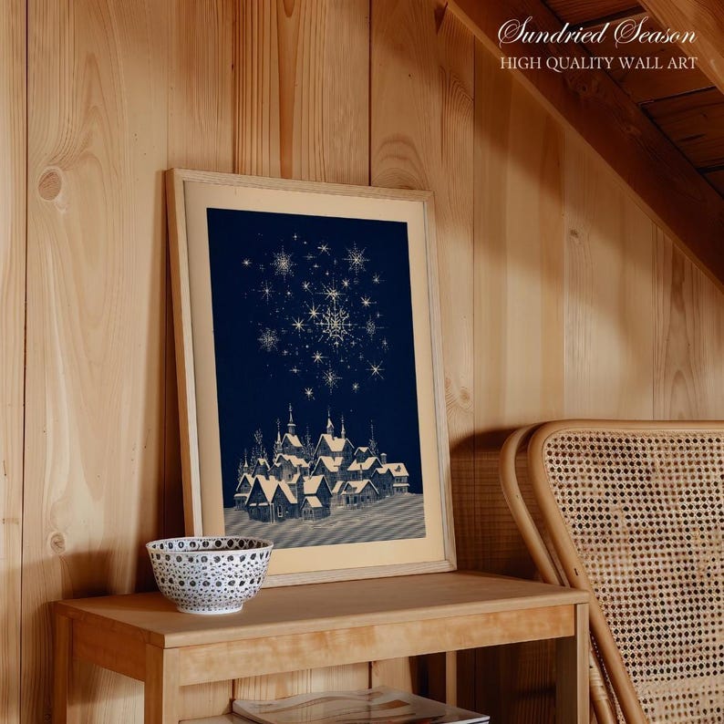 Lámina artística retro de un pueblo invernal de los años 50, lámina navideña de mediados de siglo en marfil y azul marino, arte navideño escandinavo vintage para el salón de tu casa nórdica. imagen 3