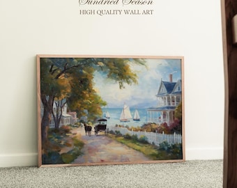 Mackinac Island Wall Art, Vintage Michigan Print, Historic Coastal Town Painting, Horse Carriage & Sailboats, Victorian Midwest Home Decor