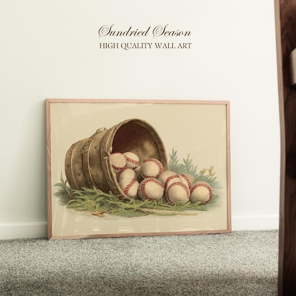 Rustic Baseball Bucket Wall Art Print, Vintage Sports Decor for Boy’s Room, Nursery, Man Cave, or Coach Gift with Antique Bucket of Balls