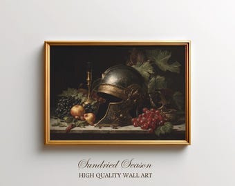 May include: A framed still life painting featuring a Roman helmet, grapes, apples, and a candlestick. The artwork has a dark, moody aesthetic with a gold frame. The text at the bottom reads "Sundried Season HIGH QUALITY WALL ART."