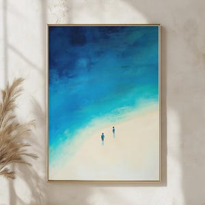 Impresión de arte de playa minimalista, pintura abstracta del océano, decoración de pared costera serena, póster de paisaje marino azul tranquilo para el hogar y la oficina modernos