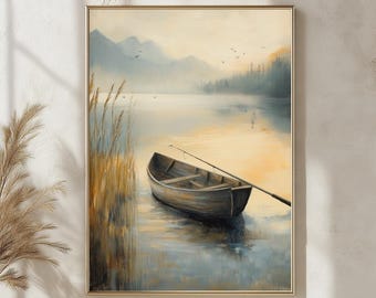 Rustic Fishing Boat on Lake Poster, Serene Outdoor Wall Art, Quiet Nature Landscape Print, Cabin Aesthetic Decor, Peaceful Water Scene