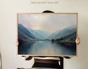 Buttermere Morning Print, Lake District & Calm Misty Mountain Reflection, Vintage Oil Painting, Fell Walker Gift Farmhouse Bedroom Wall Art