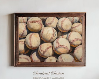 Vintage honkbalkunstdruk, klassieke sportmuurdecoratie, versleten honkballen schilderij, rustieke sportposter, honkbal minnaar cadeau, man Cave Art