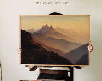 Könnte beinhalten: Ein gerahmter Kunstdruck mit einer Berglandschaft in Braun-, Orange- und Gelbtönen. Das Kunstwerk wird von einer Person gehalten. Der Text "Sundried Season" und "HIGH QUALITY WALL ART" befindet sich oben.