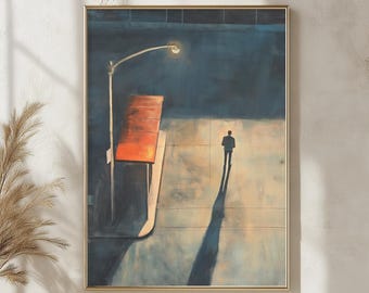 寂しい夜のバス停の絵画、陰鬱な都会の街並みのプリント、映画のようなノワールアート、雰囲気のある都市景観の壁アート（家の装飾用）