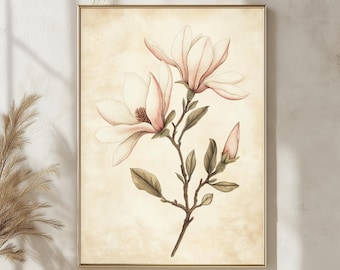 Póster botánico vintage de magnolia, lámina con ilustración floral, arte mural floral antiguo, decoración natural en tonos beige suaves, obra de arte botánica clásica.