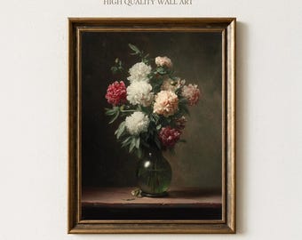 Vintage Peony Bouquet Still Life Art Print, Romantic Pink & White Floral Wall Decor, Cottagecore Flower Poster for Bedroom or Dining Room