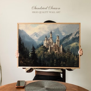 Neuschwanstein Castle Wall Art, Bavarian Fairytale Mountain Print, Scenic Germany Mountain Landscape Poster, Romantic Europe Travel Decor