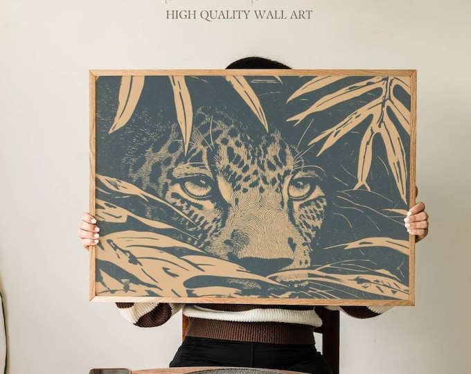 Vintage Jungle Jaguar Art Print, Bold Woodcut-Style Big Cat Hidden in Tropical Leaves, Exotic Wildlife Wall Decor for Bedroom or Office Gift