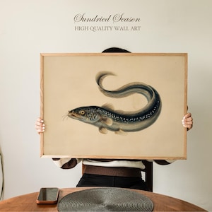 May include: A framed vintage-style print featuring an illustration of an eel. The artwork showcases the eel in shades of blue, gray, and beige, with the text "Sundried Season" and "HIGH QUALITY WALL ART" at the top.