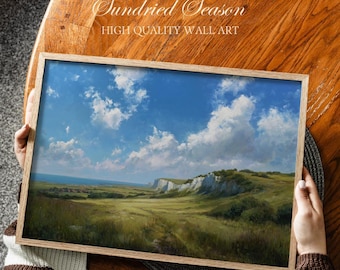 Isle of Wight Wall Art Print, Chalk Downland & English Coastal Summer Meadow, Vintage Landscape Painting, Bright Beach House Living Room