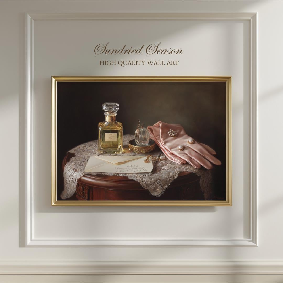 Romantic Vintage Perfume and Pearl Print, Classic Feminine Still