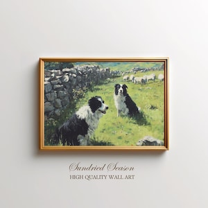 Border Collies Watching Sheep Art Print, Rustic Farm Dog Painting, Classic Countryside Wall Decor for Cottage, Barn or Animal Lover’s Home