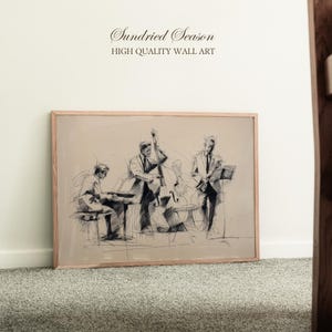 Jazz Trio Sketch Wall Art Print, Vintage Midcentury Pen and Ink Print of Saxophone Bass Piano, Stylish Black and White Minimalist Home Decor