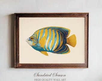 Vintage Angelfish Art Print, Vibrant Blue & Yellow Tropical Fish Illustration, Ocean Sea Life Decor, Bathroom or Coastal Home Gallery Wall
