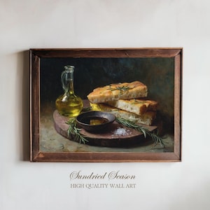 Focaccia and Olive Oil Art Print, Rustic Italian Bread Still Life Painting, Mediterranean Kitchen Wall Decor or Gift for Food Lovers