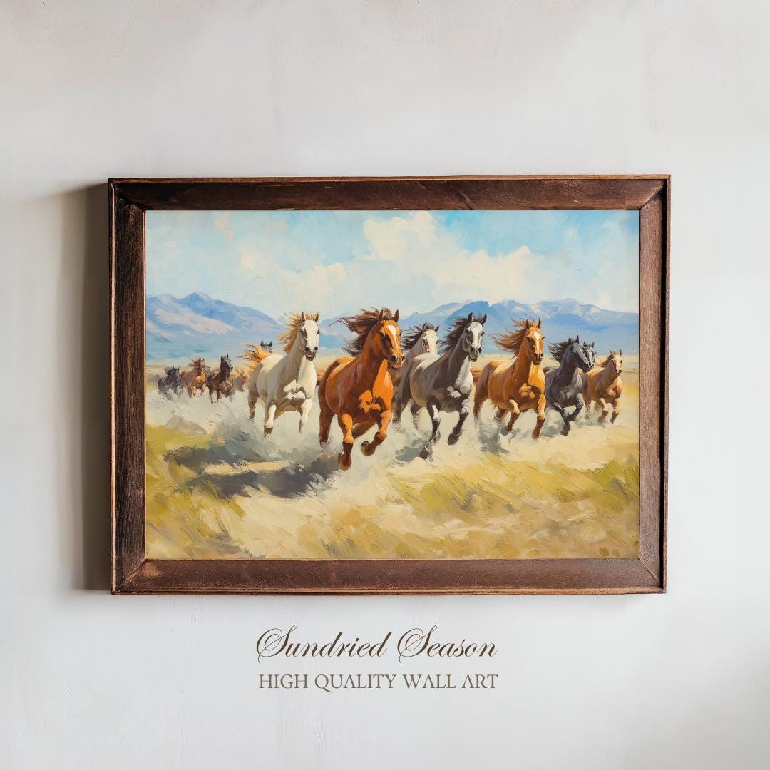Wild Horses Running Art Print, Vintage Mustang Herd Galloping in