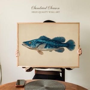 Blue Coelacanth Vintage Art Print, Ancient Deep Sea Fish Scientific Drawing, Natural History Marine Poster for Office or Coastal Decor