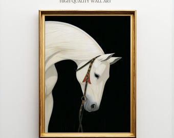 White Horse Wall Art Print, Minimalist Equestrian Portrait on Black Background, Medieval Animal Decor for Office, Living Room or Hallway