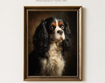 May include: A framed wall art print featuring a Cavalier King Charles Spaniel. The dog has black, white, and tan fur, with brown eyes. The artwork is set against a dark background, and the frame is a warm brown color. The text "Sundried Season HIGH QUALITY WALL ART" is at the top.