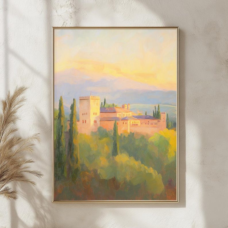 Alhambra Palace Sunset Art Print, Romantic Moorish Architecture Painting, Warm Granada Landscape Wall Decor for Living Room or Study image 7