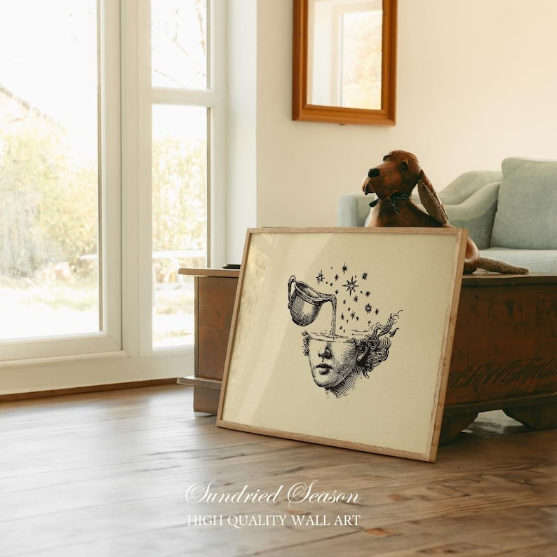 Aquarius Zodiac Art Print, Surreal Astrology Water Bearer Illustration, Celestial Head Pouring Stars, Boho Magical Wall Decor for Home Space image 5