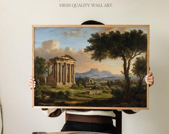 Greco-Roman Ruins Wall Art, Classical Temple in Scenic Landscape, Historic Architecture Print for Home, Library or Office Decor